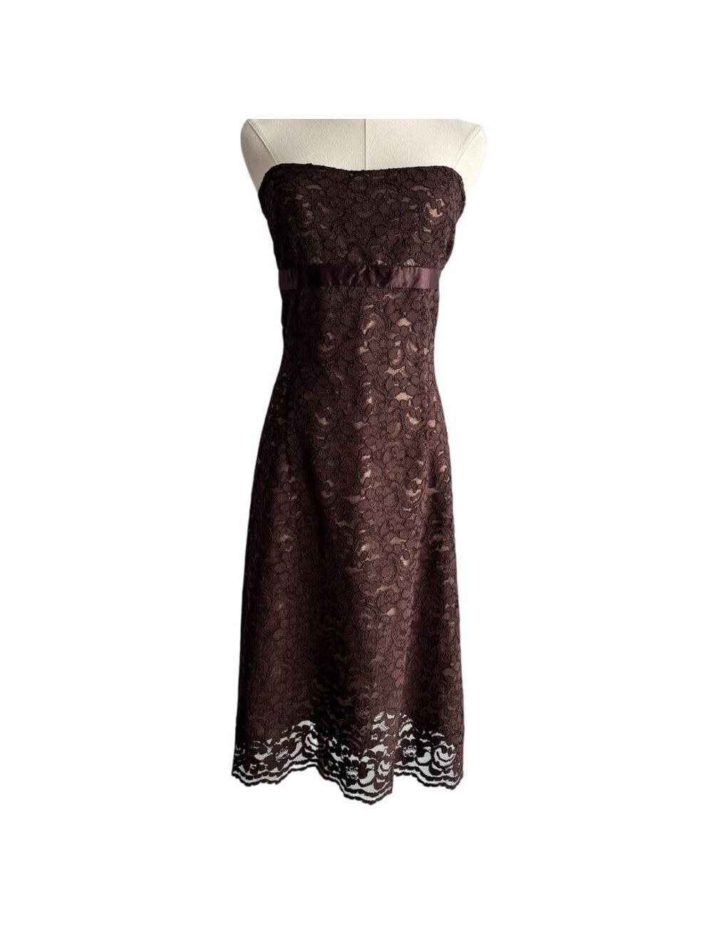 Y2K RW&Co Strapless Lace Cocktail Dress Sz 8 Chocolate Brown Midi Empire Waist